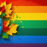 A vibrant, inclusive artwork depicting Canadian theatre and LGBTQ themes, featuring theatre masks, rainbow elements, and maple leaves to represent diversity and transformation in performance arts.