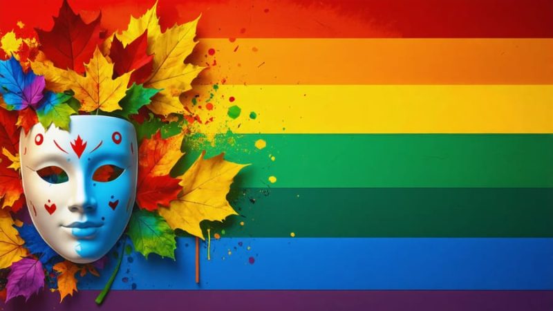 A vibrant, inclusive artwork depicting Canadian theatre and LGBTQ themes, featuring theatre masks, rainbow elements, and maple leaves to represent diversity and transformation in performance arts.