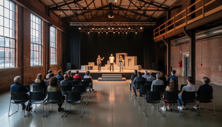 Interior of converted warehouse theatre space with exposed brick and theatrical lighting