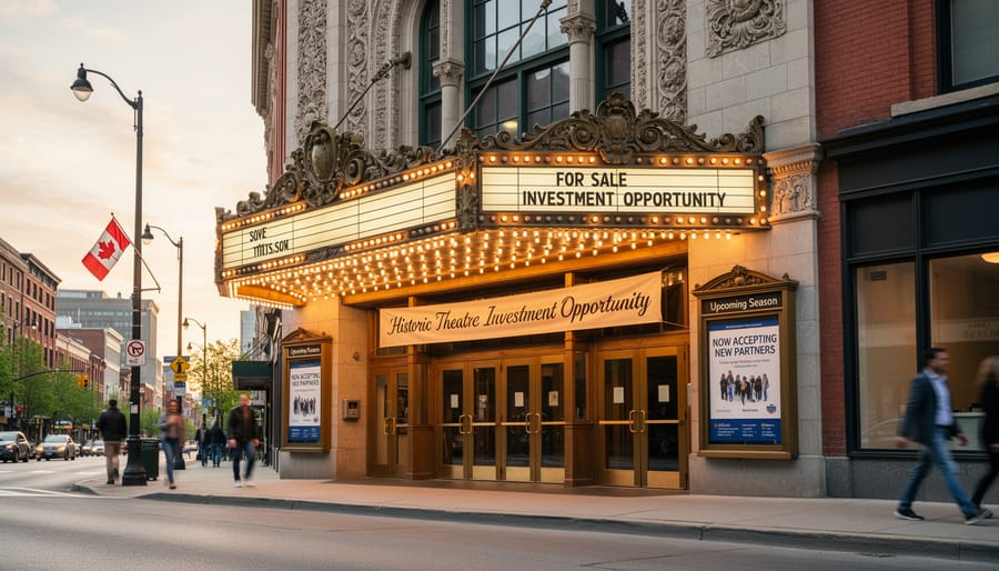 Exterior of historic theatre building with ornate architectural details and marquee