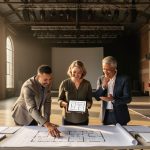 Three theatre professionals and a consultant examine blueprints and a tablet inside a high-ceilinged converted church/warehouse with exposed brick, arched windows, a taped stage outline, lighting grid, loading door, and stacked chairs in warm afternoon light.