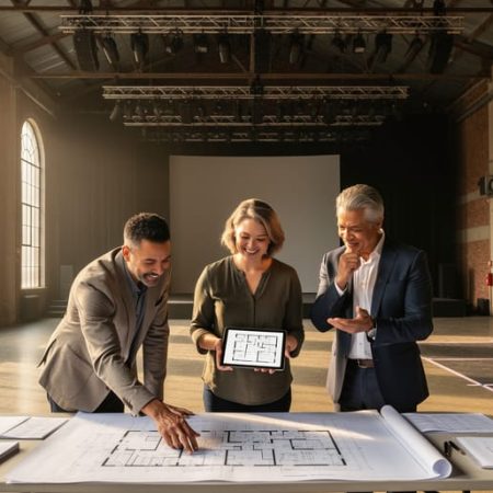Three theatre professionals and a consultant examine blueprints and a tablet inside a high-ceilinged converted church/warehouse with exposed brick, arched windows, a taped stage outline, lighting grid, loading door, and stacked chairs in warm afternoon light.