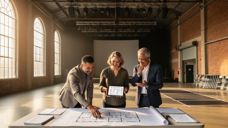Three theatre professionals and a consultant examine blueprints and a tablet inside a high-ceilinged converted church/warehouse with exposed brick, arched windows, a taped stage outline, lighting grid, loading door, and stacked chairs in warm afternoon light.