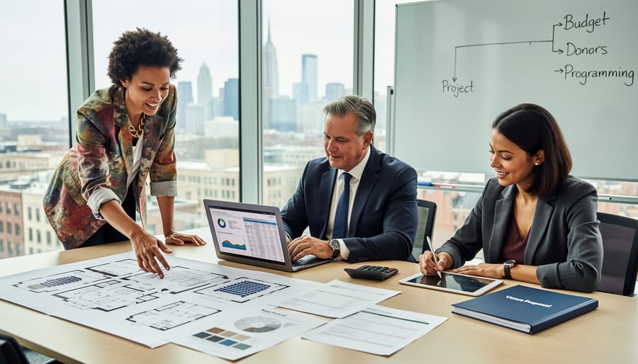 Theatre professionals reviewing architectural plans and building models during planning meeting