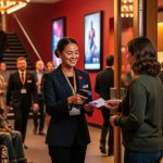 Front-of-house usher wearing a rainbow lanyard scans a patron’s ticket at the entrance of a warmly lit Canadian theatre lobby, with diverse attendees including a wheelchair user and ushers assisting in the background.