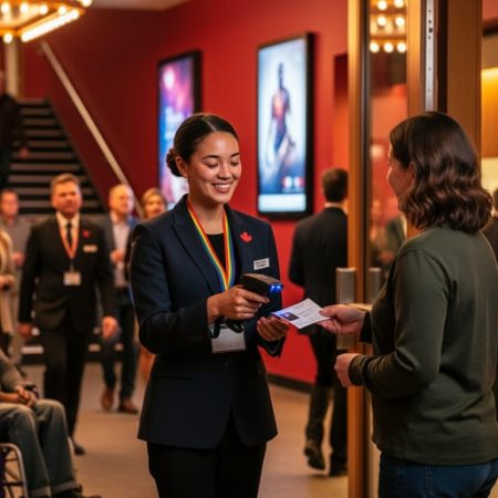 Front-of-house usher wearing a rainbow lanyard scans a patron’s ticket at the entrance of a warmly lit Canadian theatre lobby, with diverse attendees including a wheelchair user and ushers assisting in the background.