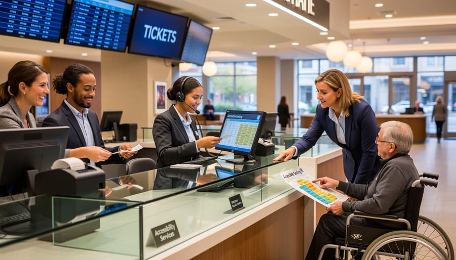 Box office staff member assisting patron at theatre ticketing counter