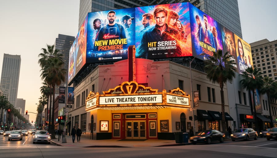 Illuminated theatre marquee at twilight in Los Angeles
