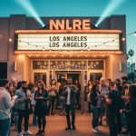 Diverse crowd outside an intimate Los Angeles theater at dusk with warm string lights, a blank marquee, and searchlights in the sky; palm trees and the distant skyline softly blurred in the background.