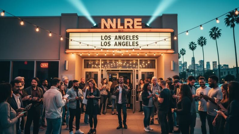 Diverse crowd outside an intimate Los Angeles theater at dusk with warm string lights, a blank marquee, and searchlights in the sky; palm trees and the distant skyline softly blurred in the background.