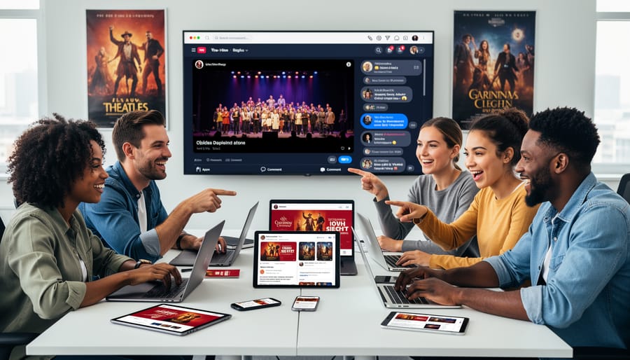 Hands holding smartphone displaying theatre company social media engagement