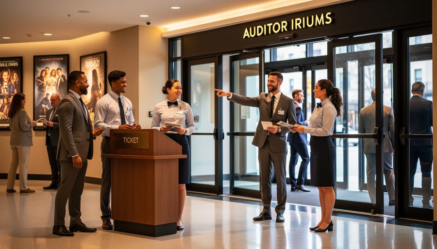 Theatre usher in uniform greeting patrons at lobby entrance