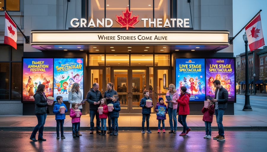 Families walking into a Canadian theatre lobby with a view of the stage through an arched doorway.