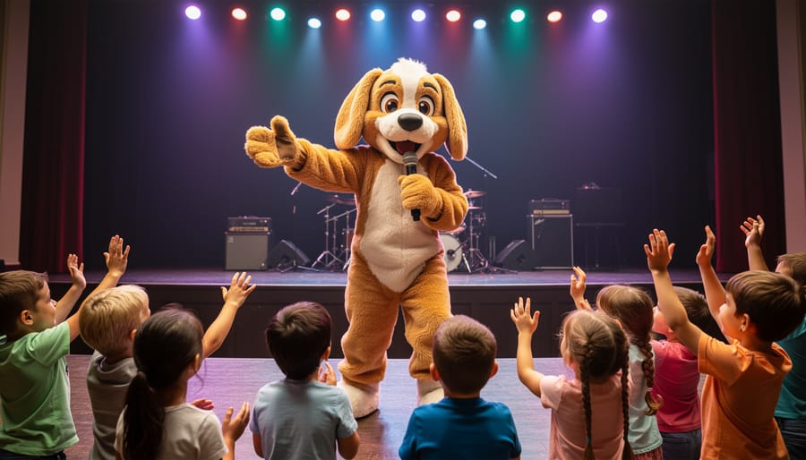 Performer holding a dog-themed plush on a family theatre stage in front of children.