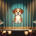 “Warmly lit children’s theatre stage with Pat the Dog-inspired imagery and playful performance atmosphere, with blurred audience seating in the background.”