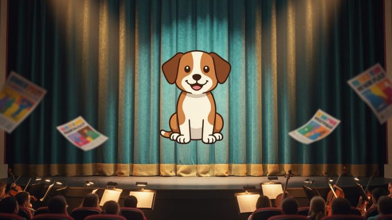“Warmly lit children’s theatre stage with Pat the Dog-inspired imagery and playful performance atmosphere, with blurred audience seating in the background.”