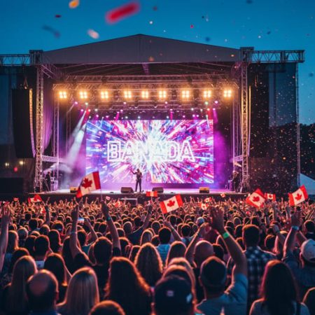 Outdoor summer festival at night with a glowing main stage, colorful lights, raised hands, and confetti over a Canadian park setting.