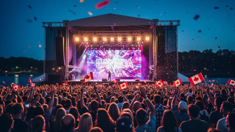 Outdoor summer festival at night with a glowing main stage, colorful lights, raised hands, and confetti over a Canadian park setting.