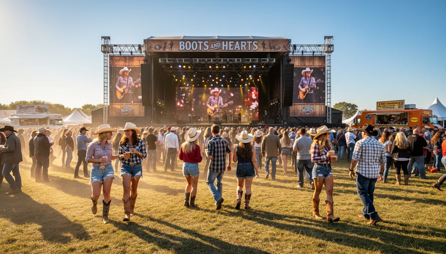 Country music performance at Boots and Hearts with festivalgoers and stage lighting at an outdoor venue.