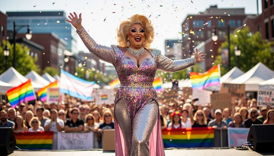 Drag performer singing on stage at Halifax Pride with sequined costume and cheering crowd in the background.