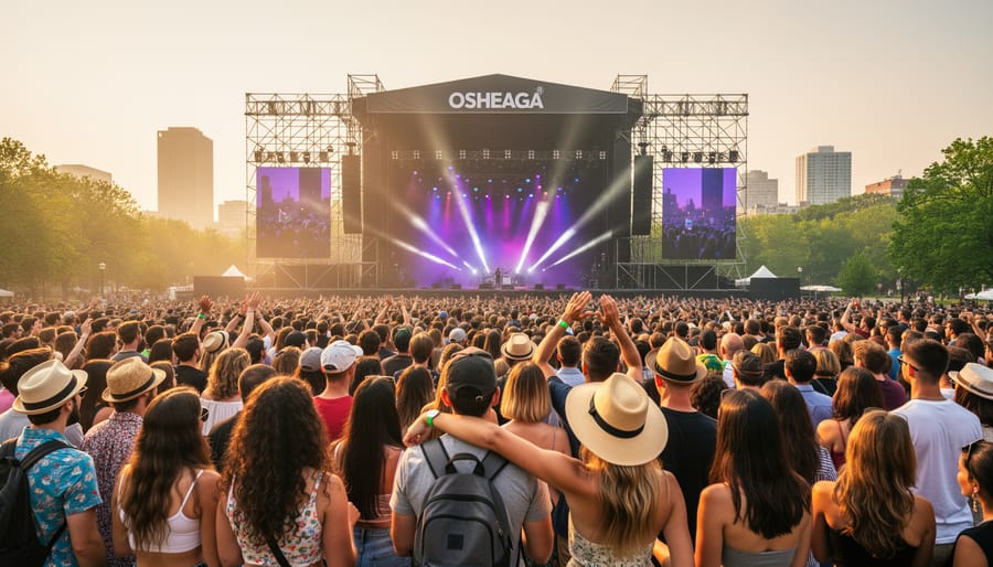 Festivalgoers watch a musician performing on an outdoor stage during OSHEAGA in Montreal.