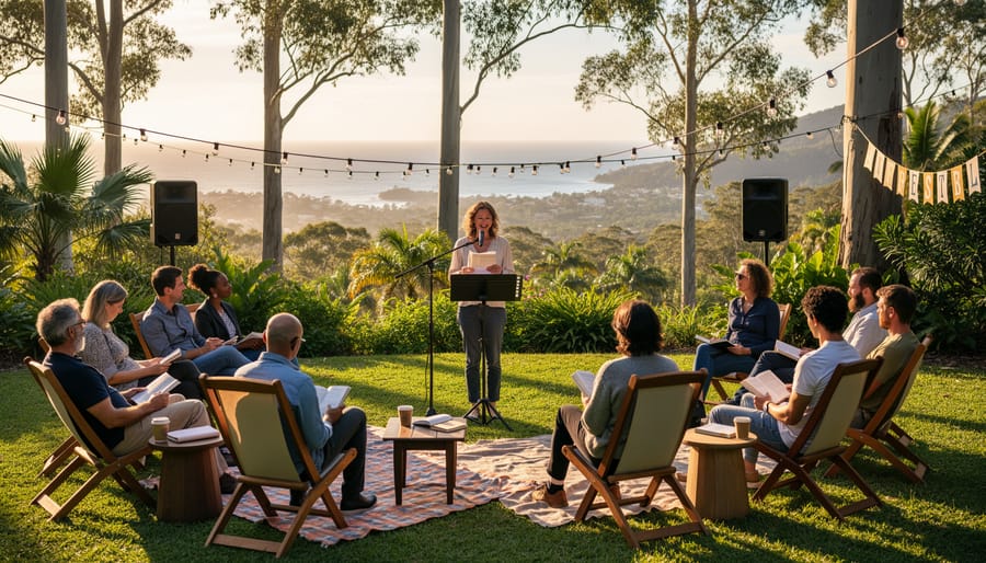 Open book and speakers at an outdoor literary reading with audience seated in folding chairs.