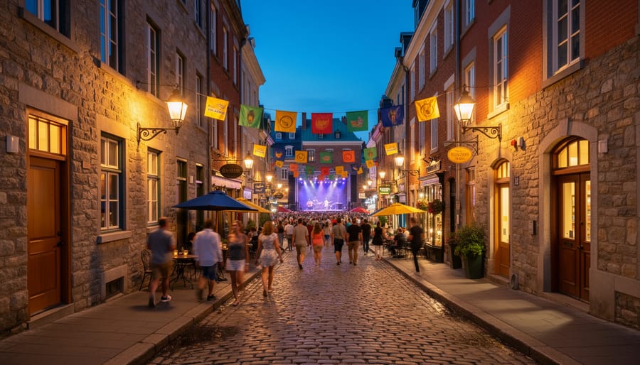 People walking along a lit street in Québec City at dusk with festival lights glowing in the distance.