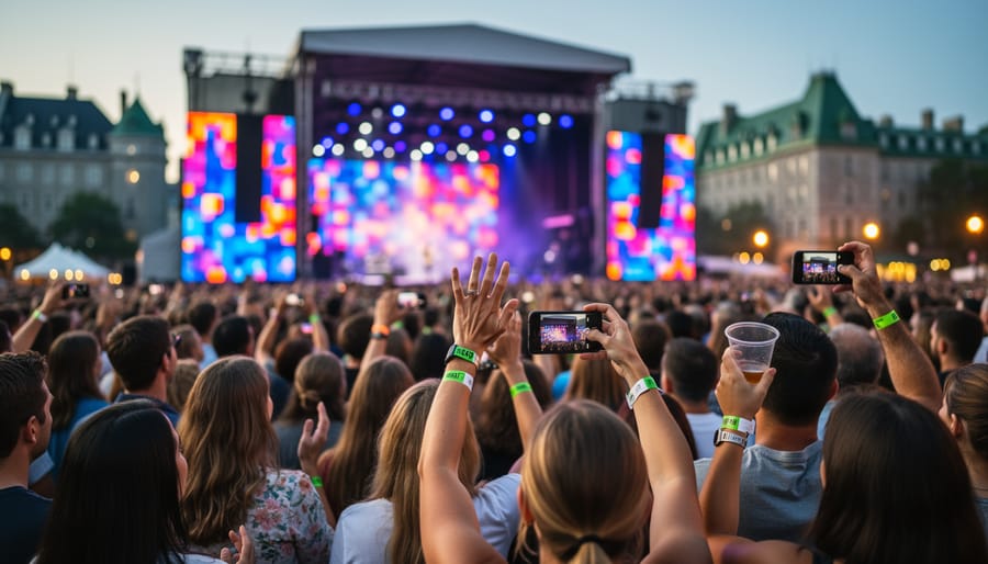 People watching a brightly lit outdoor music stage at Festival d'été de Québec in Québec City.