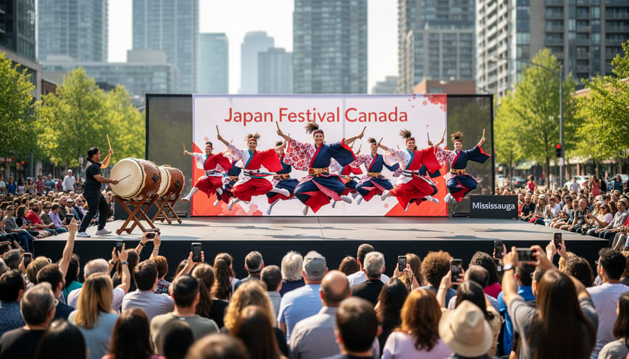 Performers in festival attire with decorative fans performing at Japan Festival Canada in Mississauga.