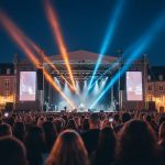 An outdoor music festival concert at night in Old Québec with illuminated stage lights and historic stone buildings in the background.