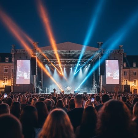 An outdoor music festival concert at night in Old Québec with illuminated stage lights and historic stone buildings in the background.