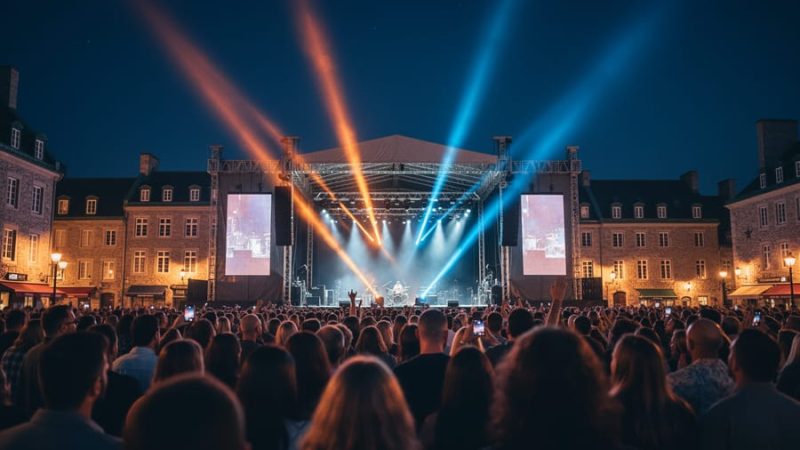 An outdoor music festival concert at night in Old Québec with illuminated stage lights and historic stone buildings in the background.