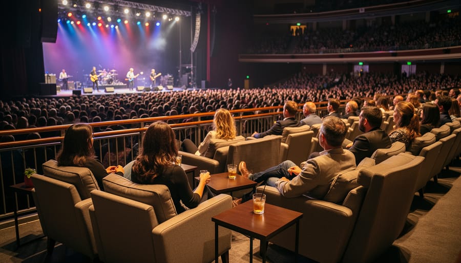 Rope-barrier premium viewing area with an elevated platform and blurred stage lights behind.