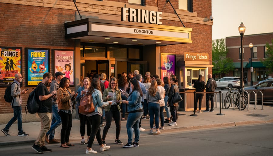 The line of festivalgoers outside a theatre entrance during the Edmonton International Fringe Festival.