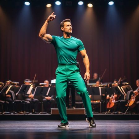 A Broadway actor rehearsing mid-dance on a theater stage under spotlights, suggesting peak physical fitness for demanding performances.
