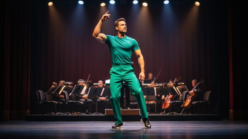 A Broadway actor rehearsing mid-dance on a theater stage under spotlights, suggesting peak physical fitness for demanding performances.