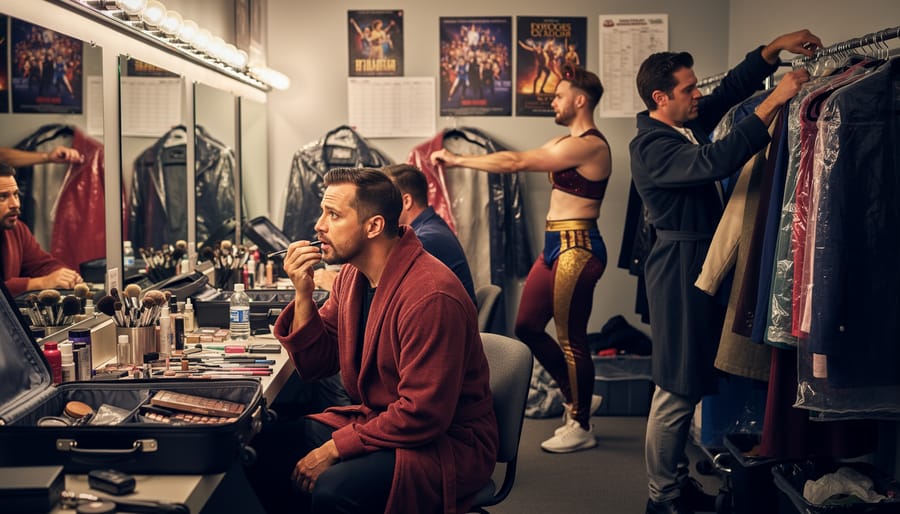 Broadway performer in costume adjusting a microphone backstage under warm stage lights