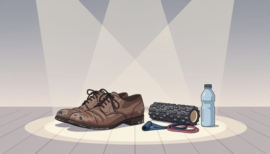 Worn dance shoes placed on an empty Broadway stage under spotlight beams