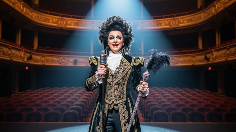 Broadway performer in costume under a spotlight inside a theatre with blurred audience seats and stage lighting in the background.