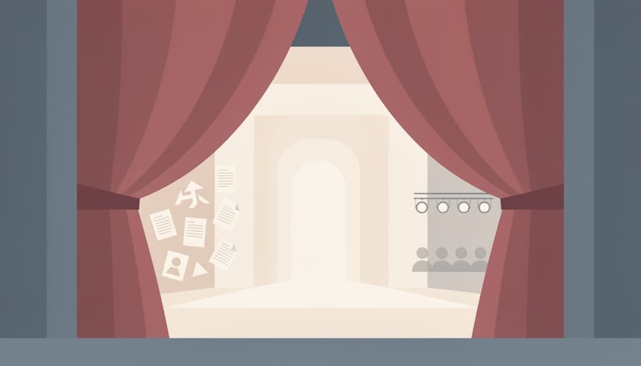 Open theatre curtain with warm spotlight glow on an empty stage