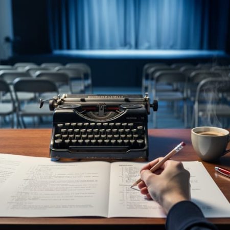 Close view of a playwright’s desk with an open script, typewriter, and pencil in soft window light, with a blurred rehearsal room and stage curtains behind.