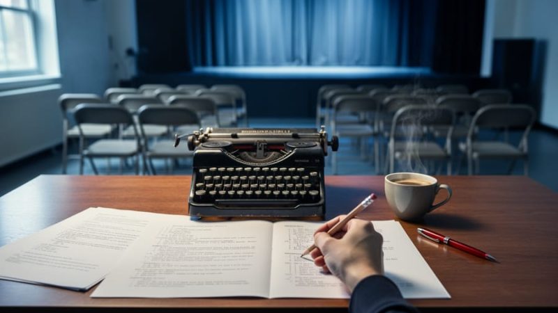 Close view of a playwright’s desk with an open script, typewriter, and pencil in soft window light, with a blurred rehearsal room and stage curtains behind.