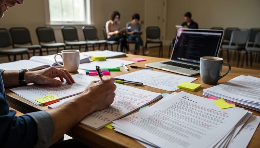 Scripts and writing tools on a wooden table in a rehearsal room